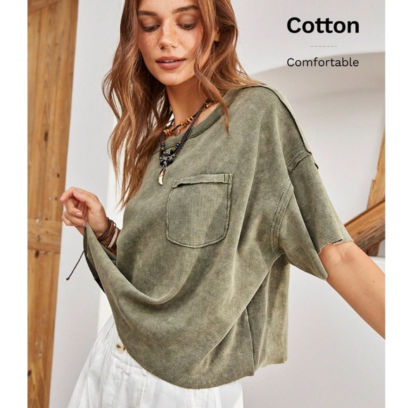 Army Green Cotton Oversized Tee Shirt Raw Hem and Inside Out Stitches Bohemian - Picture 1 of 9